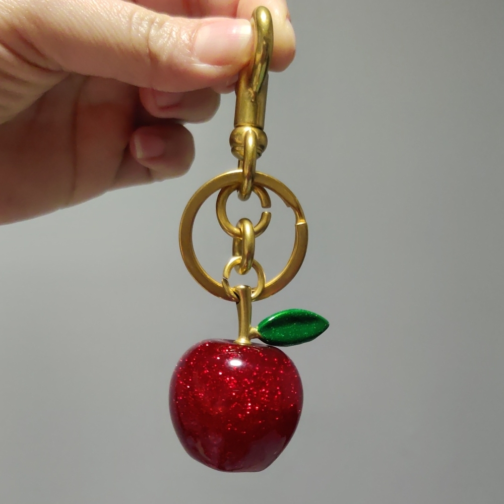 Gold-Tone Apple Keychain Charm with Red Glitter Apple